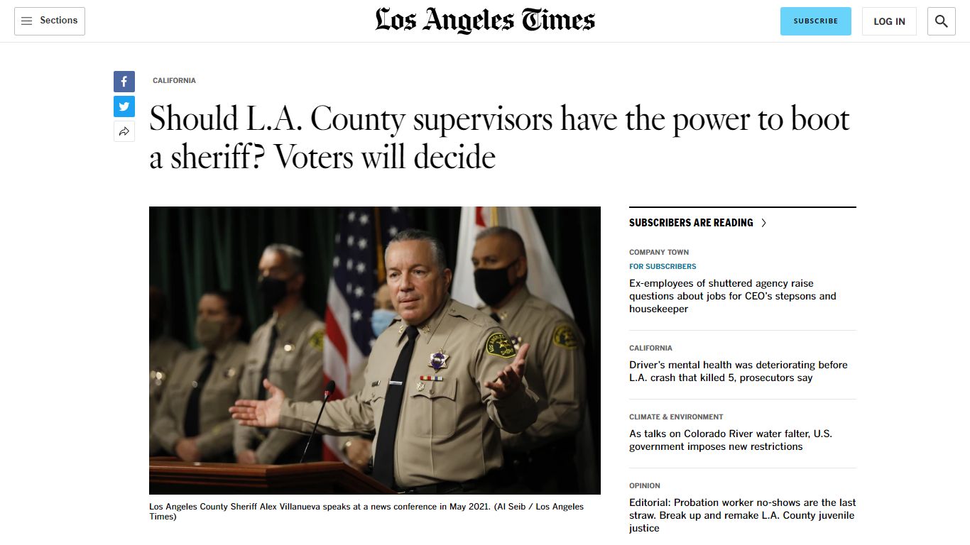 Voters to decide if LA County supervisors can remove sheriff - Los ...